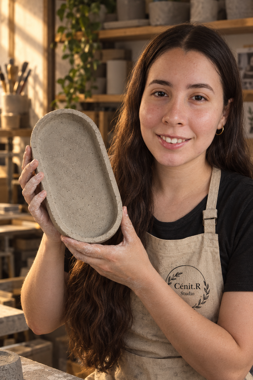 Artesana de Zenith Terra con delantal de lienzo mostrando una bandeja artesanal de cemento en su taller