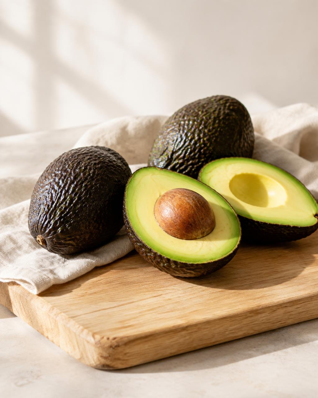 Aguacates frescos, uno partido a la mitad, sobre una tabla de madera